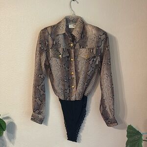 Cache Animal Print Bodysuit with Gold Buttons